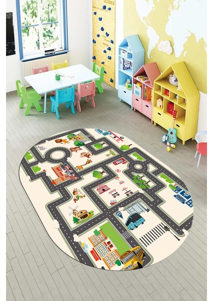 Dijital Kaymaz Yıkanabilir Şehir Trafik Araba Temalı Oval Çocuk Odası Halısı, O-Çocuk-20-Krem,