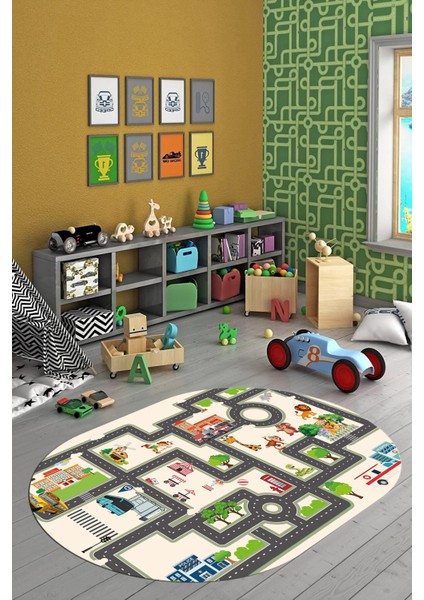 Dijital Kaymaz Yıkanabilir Şehir Trafik Araba Temalı Oval Çocuk Odası Halısı, O-Çocuk-20-Krem, fiyatları