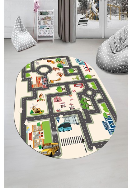 Dijital Kaymaz Yıkanabilir Şehir Trafik Araba Temalı Oval Çocuk Odası Halısı, O-Çocuk-20-Krem, modelleri