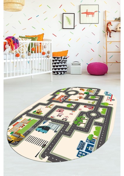 Dijital Kaymaz Yıkanabilir Şehir Trafik Araba Temalı Oval Çocuk Odası Halısı, O-Çocuk-20-Krem, fırsatları