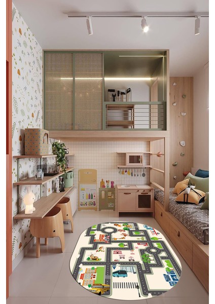 Dijital Kaymaz Yıkanabilir Şehir Trafik Araba Temalı Oval Çocuk Odası Halısı, O-Çocuk-20-Krem, indirimleri