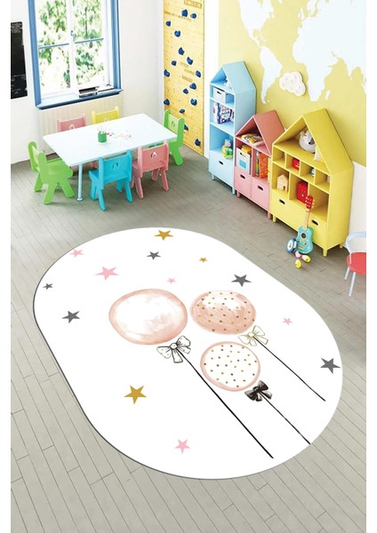 Dijital Baskılı Kaymaz Yıkanabilir Balon Yıldız Desenli Oval Çocuk Odası Halısı, O-Çocuk-24-Beyaz,