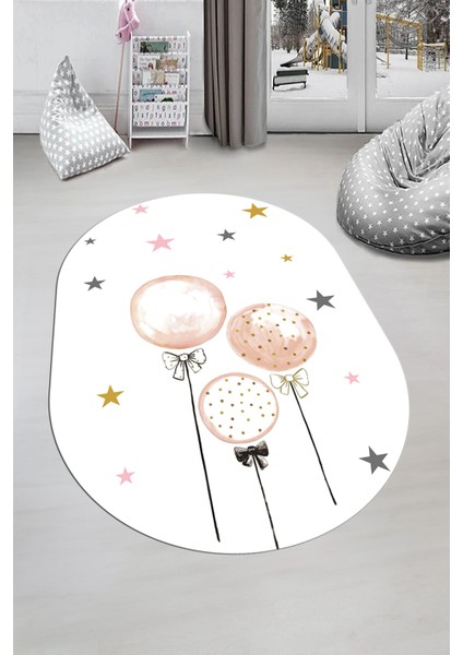 Dijital Baskılı Kaymaz Yıkanabilir Balon Yıldız Desenli Oval Çocuk Odası Halısı, O-Çocuk-24-Beyaz, modelleri
