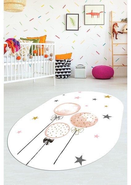 Dijital Baskılı Kaymaz Yıkanabilir Balon Yıldız Desenli Oval Çocuk Odası Halısı, O-Çocuk-24-Beyaz, fırsatları
