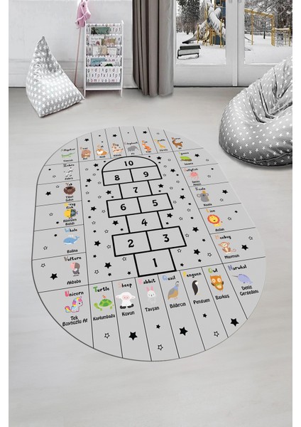 Sek Sek Desen Ingilizce Öğretici Eğitici Oval Çocuk Odası Oyun Halısı, O-Çocuk-36-Gri,