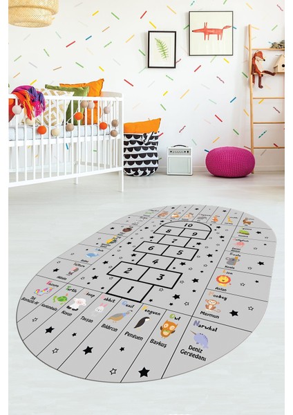 Sek Sek Desen Ingilizce Öğretici Eğitici Oval Çocuk Odası Oyun Halısı, O-Çocuk-36-Gri,