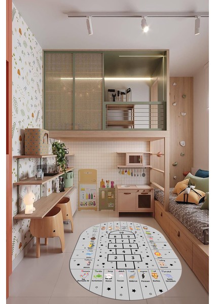 Sek Sek Desen Ingilizce Öğretici Eğitici Oval Çocuk Odası Oyun Halısı, O-Çocuk-36-Gri,