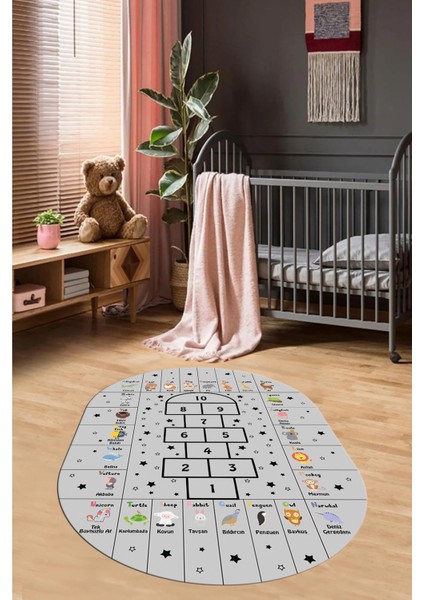 Sek Sek Desen Ingilizce Öğretici Eğitici Oval Çocuk Odası Oyun Halısı, O-Çocuk-36-Gri,