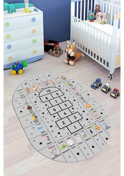 Sek Sek Desen Ingilizce Öğretici Eğitici Oval Çocuk Odası Oyun Halısı, O-Çocuk-36-Gri,