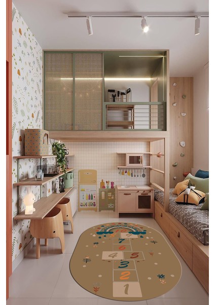 Dijital Kaymaz Yıkanabilir Sek Sek Eğlendirici Oval Çocuk Odası Oyun Halısı, O-Çocuk-30-Kahve,