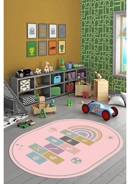 Dijital Baskılı Kaymaz Yıkanabilir Seksek Eğitici Oval Çocuk Odası Oyun Halısı, O-Çocuk-31-Pembe,
