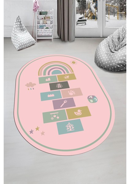 Dijital Baskılı Kaymaz Yıkanabilir Seksek Eğitici Oval Çocuk Odası Oyun Halısı, O-Çocuk-31-Pembe,