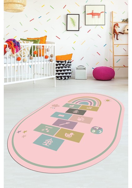Dijital Baskılı Kaymaz Yıkanabilir Seksek Eğitici Oval Çocuk Odası Oyun Halısı, O-Çocuk-31-Pembe,