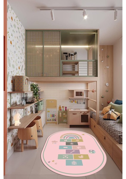 Dijital Baskılı Kaymaz Yıkanabilir Seksek Eğitici Oval Çocuk Odası Oyun Halısı, O-Çocuk-31-Pembe,