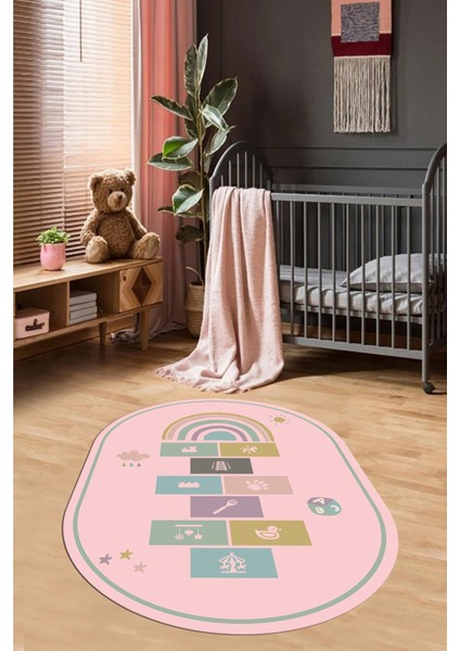 Dijital Baskılı Kaymaz Yıkanabilir Seksek Eğitici Oval Çocuk Odası Oyun Halısı, O-Çocuk-31-Pembe,