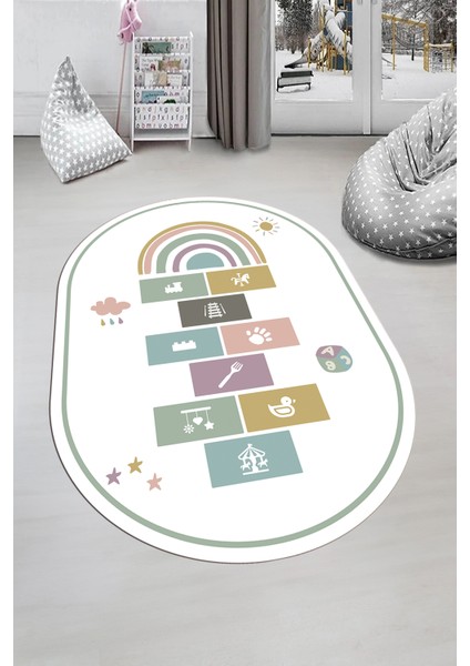 Dijital Baskılı Kaymaz Yıkanabilir Seksek Eğitici Oval Çocuk Odası Oyun Halısı, O-Çocuk-31-Beyaz,