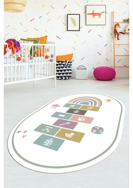 Dijital Baskılı Kaymaz Yıkanabilir Seksek Eğitici Oval Çocuk Odası Oyun Halısı, O-Çocuk-31-Beyaz,