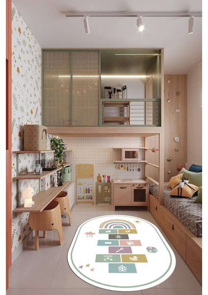 Dijital Baskılı Kaymaz Yıkanabilir Seksek Eğitici Oval Çocuk Odası Oyun Halısı, O-Çocuk-31-Beyaz,