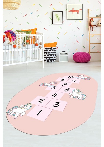 Unicornlu Sek Sek Desen Yıkanabilir Eğlenceli Oval Çocuk Odası Oyun Halısı, O-Çocuk-37-Pembe, fiyatları