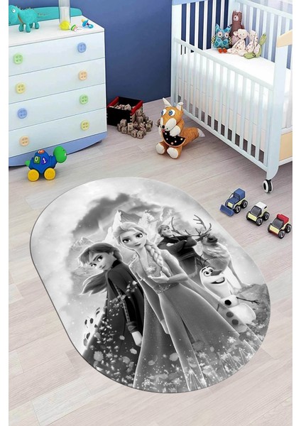 Dijital Kaymaz Yıkanabilir Çizgifilm Temalı Kız Oval Çocuk Odası Halısı, O-Çocuk-42-Gri, fırsatları