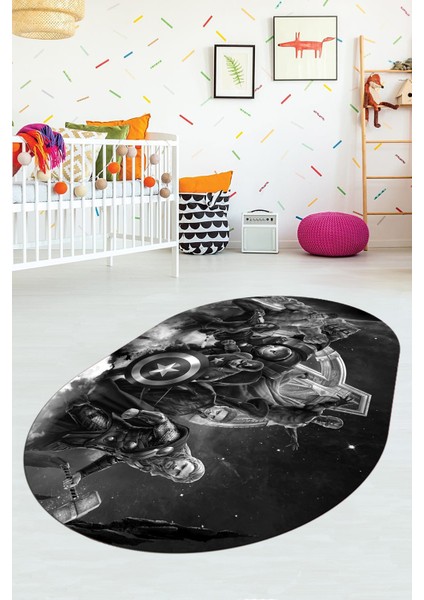Dijital Baskılı Kaymaz Yıkanabilir Çizgifilm Temalı Oval Çocuk Odası Halısı, O-Çocuk-39-Gri,