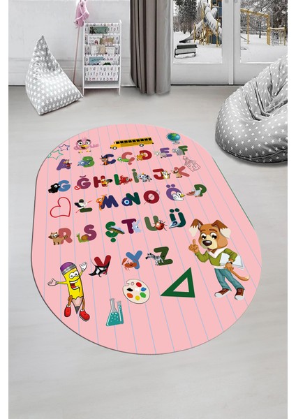 Dijital Baskılı Kaymaz Yıkanabilir Alfabe Eğitici Oval Çocuk Odası Oyun Halısı, O-Çocuk-33-Pembe,