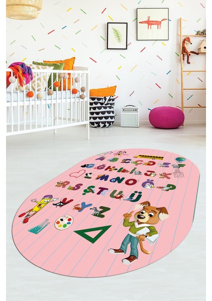 Dijital Baskılı Kaymaz Yıkanabilir Alfabe Eğitici Oval Çocuk Odası Oyun Halısı, O-Çocuk-33-Pembe, fiyatları