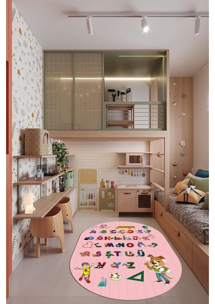 Dijital Baskılı Kaymaz Yıkanabilir Alfabe Eğitici Oval Çocuk Odası Oyun Halısı, O-Çocuk-33-Pembe, modelleri