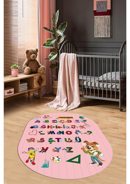 Dijital Baskılı Kaymaz Yıkanabilir Alfabe Eğitici Oval Çocuk Odası Oyun Halısı, O-Çocuk-33-Pembe, fırsatları