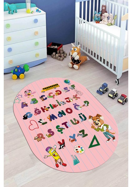 Dijital Baskılı Kaymaz Yıkanabilir Alfabe Eğitici Oval Çocuk Odası Oyun Halısı, O-Çocuk-33-Pembe, indirimleri