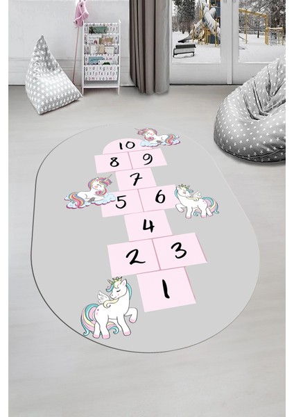 Unicornlu Sek Sek Desen Yıkanabilir Eğlenceli Oval Çocuk Odası Oyun Halısı, O-Çocuk-37-Gri,