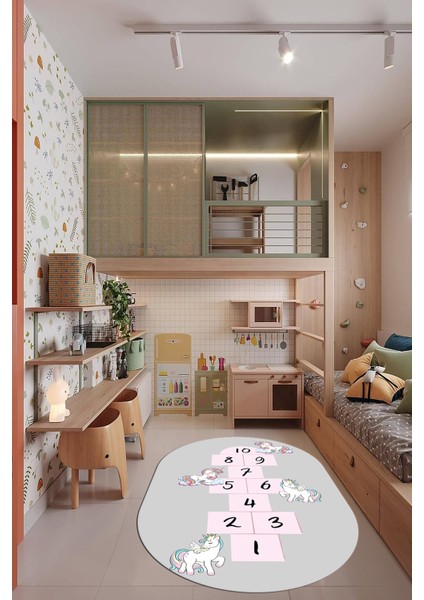 Unicornlu Sek Sek Desen Yıkanabilir Eğlenceli Oval Çocuk Odası Oyun Halısı, O-Çocuk-37-Gri, modelleri