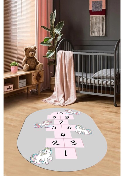 Unicornlu Sek Sek Desen Yıkanabilir Eğlenceli Oval Çocuk Odası Oyun Halısı, O-Çocuk-37-Gri, fırsatları