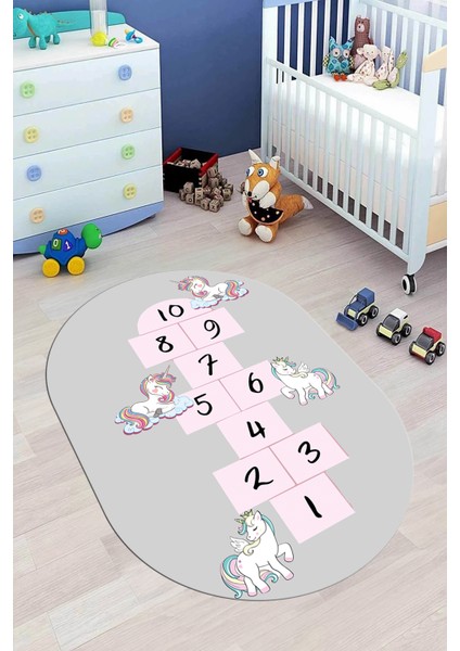 Unicornlu Sek Sek Desen Yıkanabilir Eğlenceli Oval Çocuk Odası Oyun Halısı, O-Çocuk-37-Gri, indirimleri