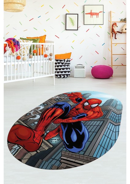 Dijital Kaymaz Yıkanabilir Çizgifilm Temalı Erkek Oval Çocuk Odası Halısı, O-Çocuk-40-Renkli,