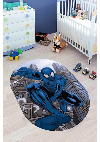 Dijital Kaymaz Yıkanabilir Çizgifilm Temalı Erkek Oval Çocuk Odası Halısı, O-Çocuk-40-Mavi,