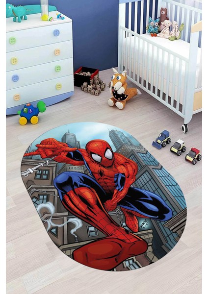 Dijital Kaymaz Yıkanabilir Çizgifilm Temalı Erkek Oval Çocuk Odası Halısı, O-Çocuk-40-Renkli,