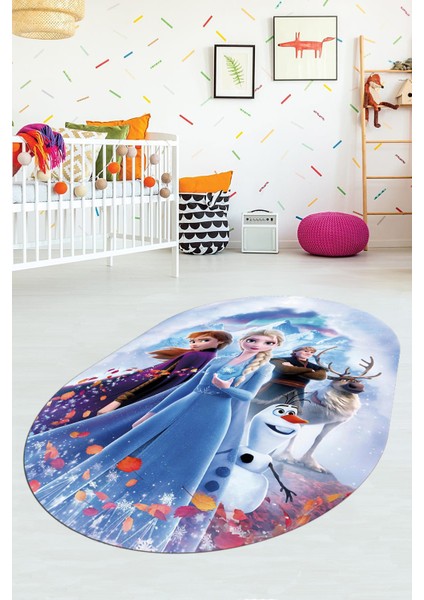Dijital Kaymaz Yıkanabilir Çizgifilm Temalı Kız Oval Çocuk Odası Halısı, O-Çocuk-42-Renkli,