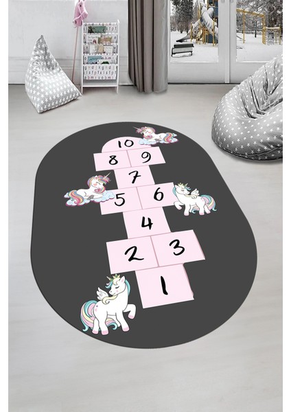 Unicornlu Sek Sek Desen Yıkanabilir Eğlenceli Oval Çocuk Odası Oyun Halısı, O-Çocuk-37-Antrasit,