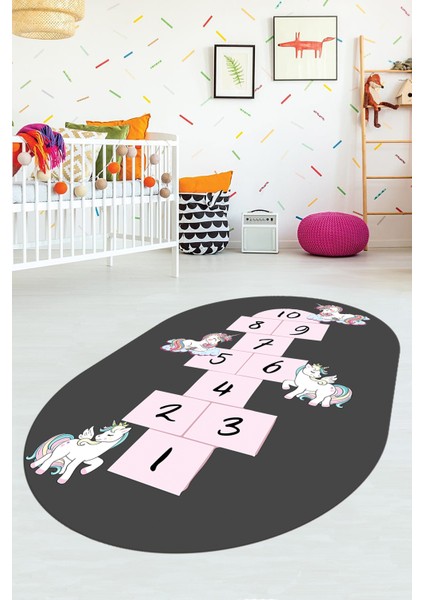 Unicornlu Sek Sek Desen Yıkanabilir Eğlenceli Oval Çocuk Odası Oyun Halısı, O-Çocuk-37-Antrasit, fiyatları