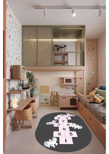 Unicornlu Sek Sek Desen Yıkanabilir Eğlenceli Oval Çocuk Odası Oyun Halısı, O-Çocuk-37-Antrasit, modelleri