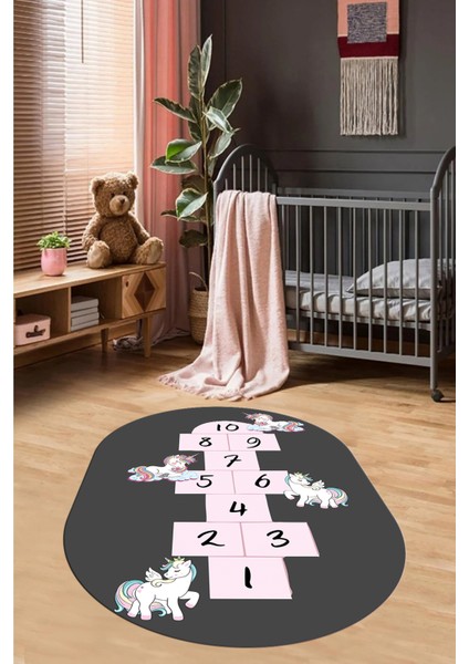 Unicornlu Sek Sek Desen Yıkanabilir Eğlenceli Oval Çocuk Odası Oyun Halısı, O-Çocuk-37-Antrasit, fırsatları