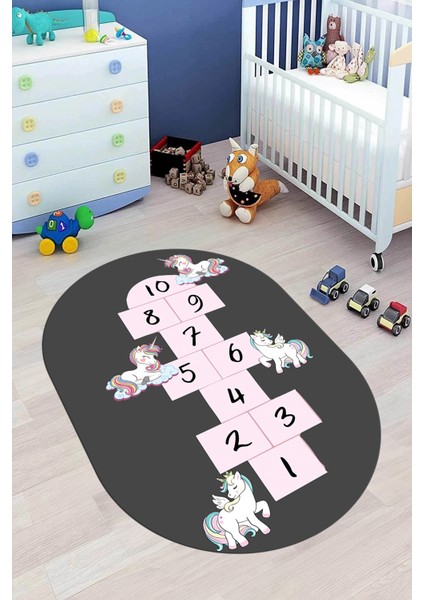 Unicornlu Sek Sek Desen Yıkanabilir Eğlenceli Oval Çocuk Odası Oyun Halısı, O-Çocuk-37-Antrasit, indirimleri