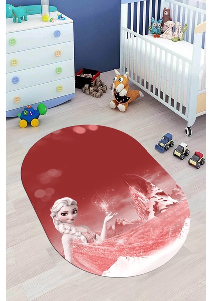 Dijital Kaymaz Yıkanabilir Çizgifilm Temalı Kız Oval Çocuk Odası Halısı, O-Çocuk-43-Kırmızı, fırsatları