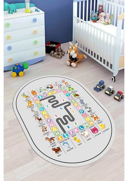 Ingilizce Harf Ve Hayvan Temalı Eğitici Oval Çocuk Odası Oyun Halısı, O-Çocuk-44-Renlki, modelleri