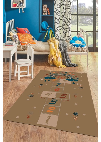 Dijital Baskılı Kaymaz Yıkanabilir Sek Sek Eğlendirici Çocuk Odası Oyun Halısı, Çocuk-30-Kahve,