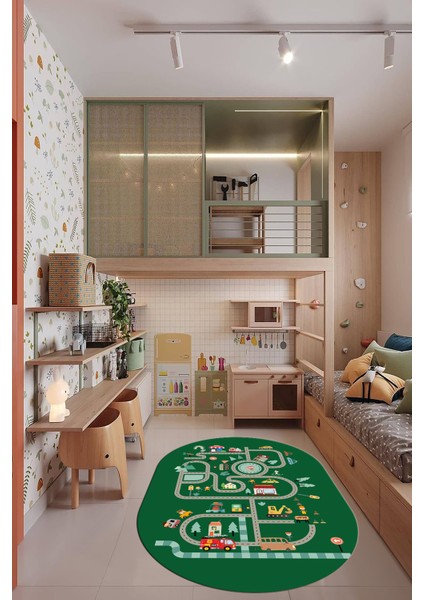 Trafik Yollu Arabalı Yıkanabilir Kaymaz Eğlendirici Oval Çocuk Odası Halısı, O-Çocuk-48-Yeşil,