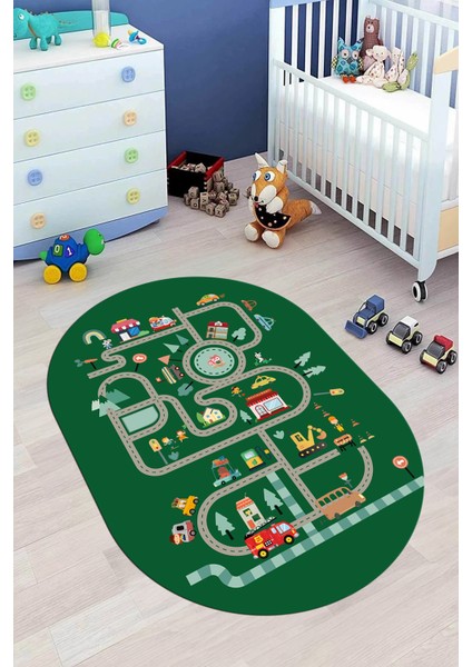 Trafik Yollu Arabalı Yıkanabilir Kaymaz Eğlendirici Oval Çocuk Odası Halısı, O-Çocuk-48-Yeşil, modelleri