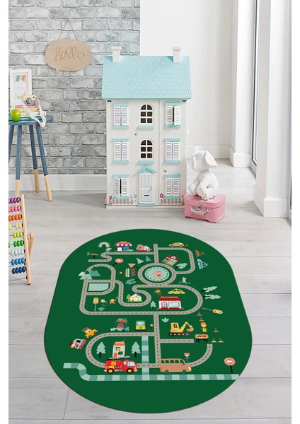 Trafik Yollu Arabalı Yıkanabilir Kaymaz Eğlendirici Oval Çocuk Odası Halısı, O-Çocuk-48-Yeşil, fırsatları