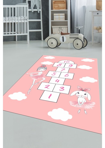Dijital Baskılı Kaymaz Yıkanabilir Seksekli Bulutlu Çocuk Odası Halısı, Çocuk-04-Pembe,